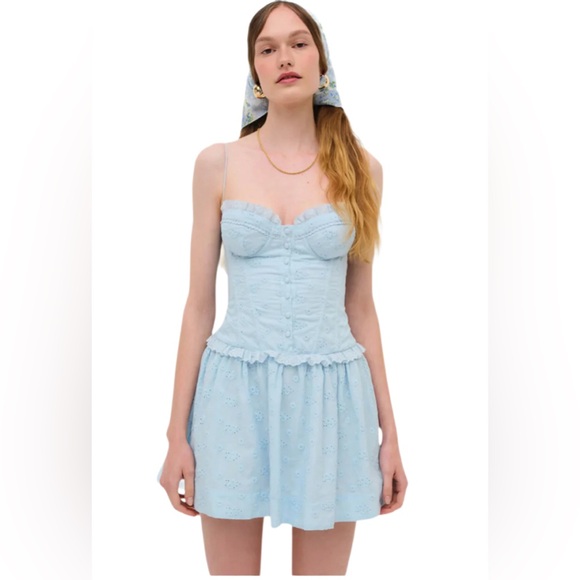 Love & Lemons Marlowe Blue Eyelet Mini Dress Size Large NWOT - Picture 2 of 8